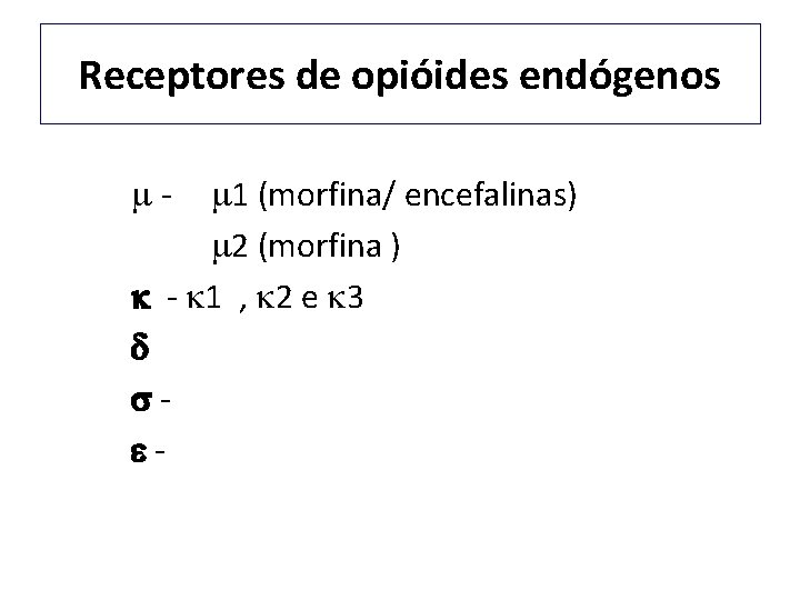 Receptores de opióides endógenos - 1 (morfina/ encefalinas) 2 (morfina ) - 1 ,