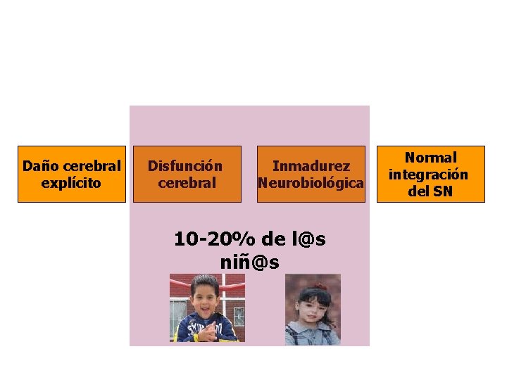 Daño cerebral explícito Disfunción cerebral Inmadurez Neurobiológica 10 -20% de l@s niñ@s Normal integración Daño cerebral explícito Disfunción cerebral Inmadurez Neurobiológica 10 -20% de l@s niñ@s Normal integración