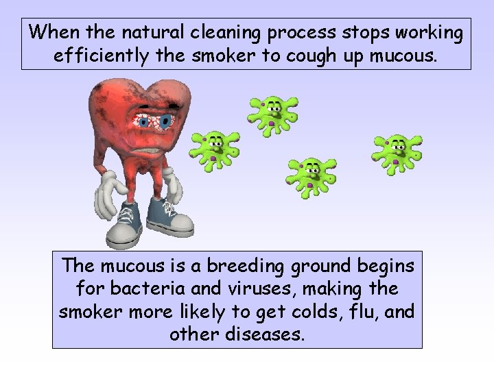 When the natural cleaning process stops working efficiently the smoker to cough up mucous.