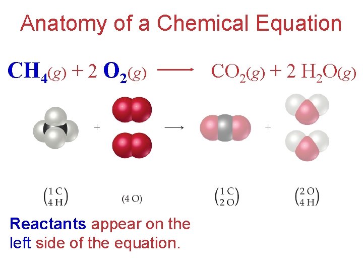 Anatomy of a Chemical Equation CH 4(g) + 2 O 2(g) Reactants appear on