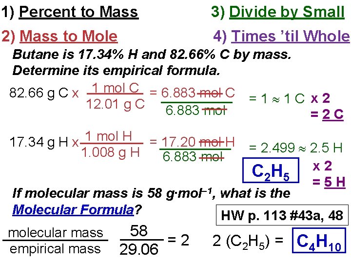 1) Percent to Mass 3) Divide by Small 2) Mass to Mole 4) Times