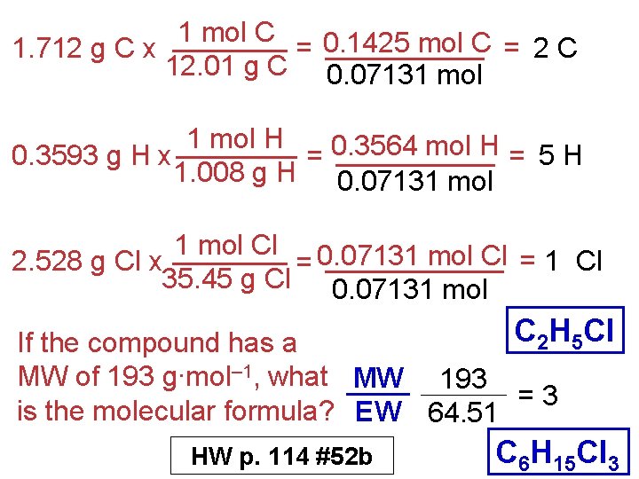 1 mol C 1. 712 g C x = 0. 1425 mol C =