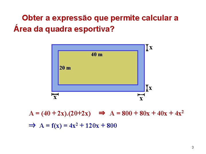 Obter a expressão que permite calcular a Área da quadra esportiva? x 40 m