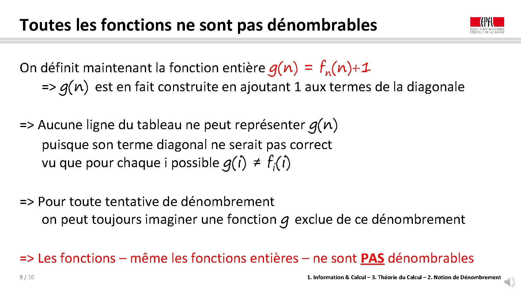 Toutes les fonctions ne sont pas dénombrables On définit maintenant la fonction entière g(n)