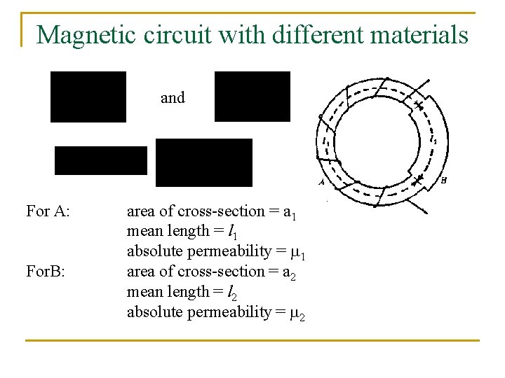 Magnetic circuit with different materials and For A: For. B: area of cross-section =