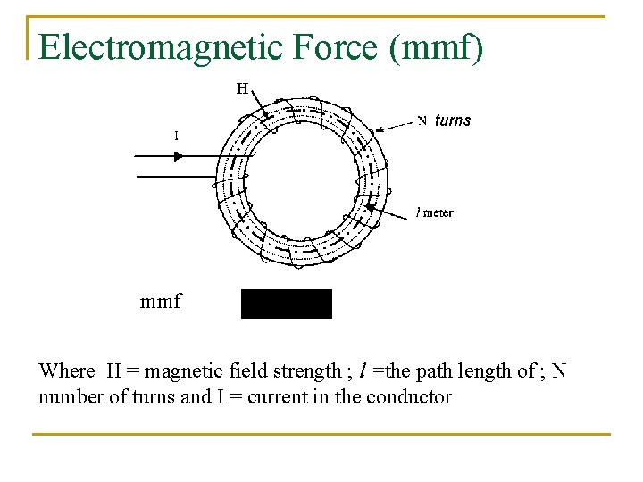 Electromagnetic Force (mmf) H turns mmf Where H = magnetic field strength ; l