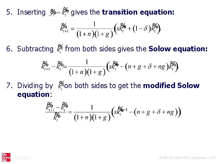 5. Inserting gives the transition equation: 6. Subtracting from both sides gives the Solow