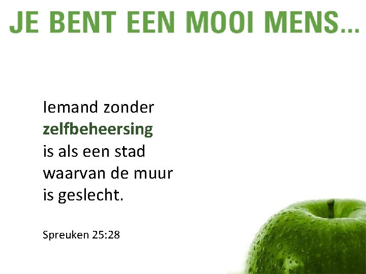 Iemand zonder zelfbeheersing is als een stad waarvan de muur is geslecht. Spreuken 25: