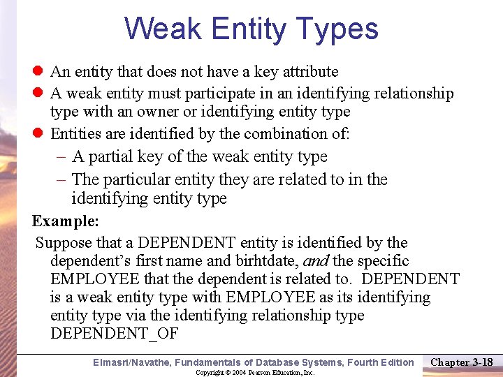 Weak Entity Types An entity that does not have a key attribute A weak