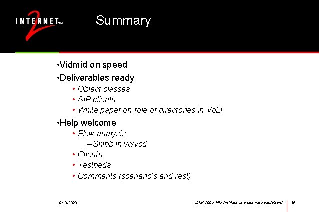 Summary • Vidmid on speed • Deliverables ready • Object classes • SIP clients