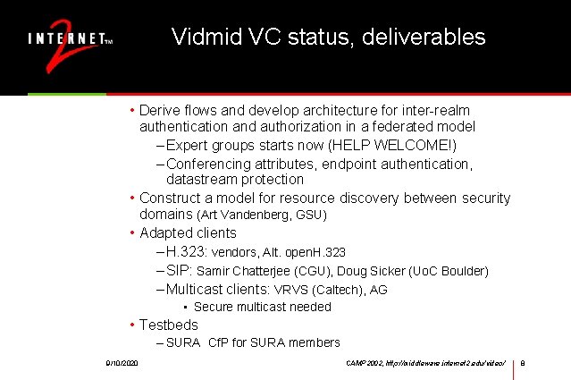 Vidmid VC status, deliverables • Derive flows and develop architecture for inter-realm authentication and