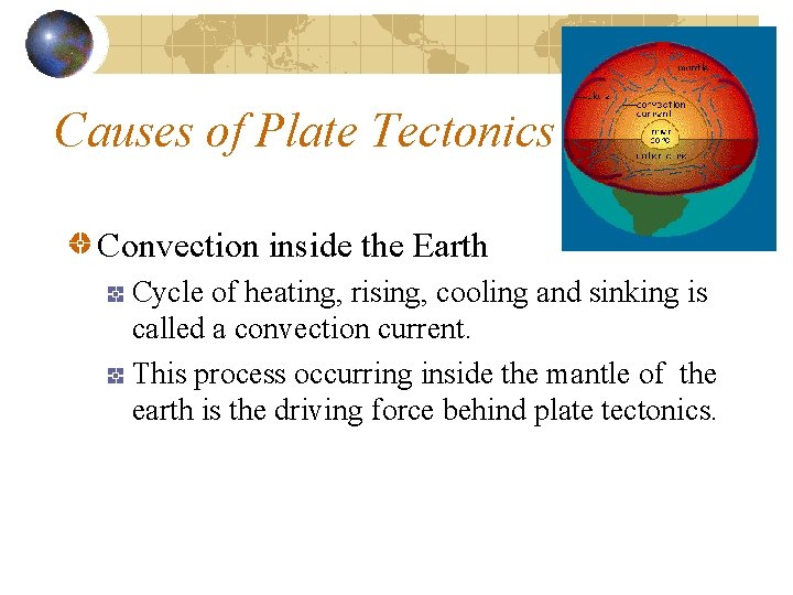 Causes of Plate Tectonics Convection inside the Earth Cycle of heating, rising, cooling and