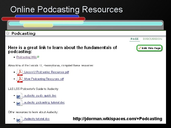 Online Podcasting Resources http: //jdorman. wikispaces. com/+Podcasting 