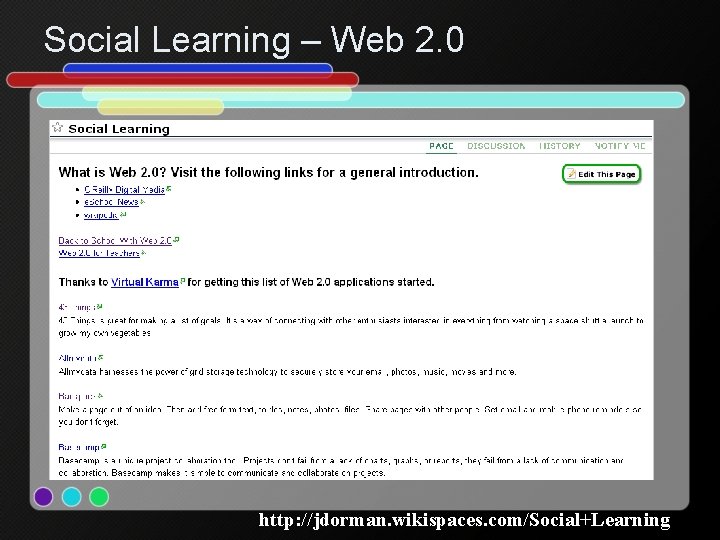 Social Learning – Web 2. 0 http: //jdorman. wikispaces. com/Social+Learning 