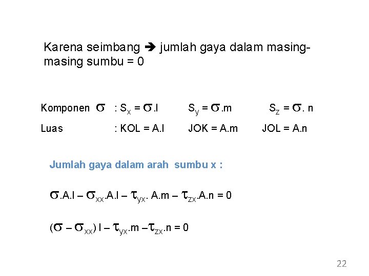 Karena seimbang jumlah gaya dalam masing sumbu = 0 Komponen Luas s : Sx Karena seimbang jumlah gaya dalam masing sumbu = 0 Komponen Luas s : Sx
