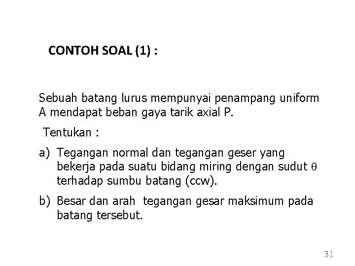 CONTOH SOAL (1) : Sebuah batang lurus mempunyai penampang uniform A mendapat beban gaya CONTOH SOAL (1) : Sebuah batang lurus mempunyai penampang uniform A mendapat beban gaya