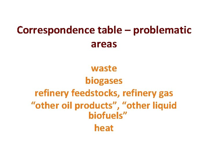 Correspondence table – problematic areas waste biogases refinery feedstocks, refinery gas “other oil products”, Correspondence table – problematic areas waste biogases refinery feedstocks, refinery gas “other oil products”,