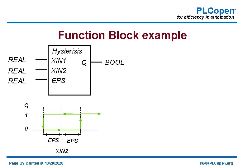 PLCopen for efficiency in automation Function Block example REAL Hysterisis XIN 1 Q XIN