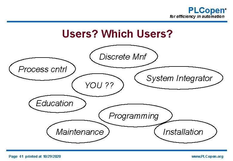 PLCopen for efficiency in automation Users? Which Users? Discrete Mnf Process cntrl YOU ?