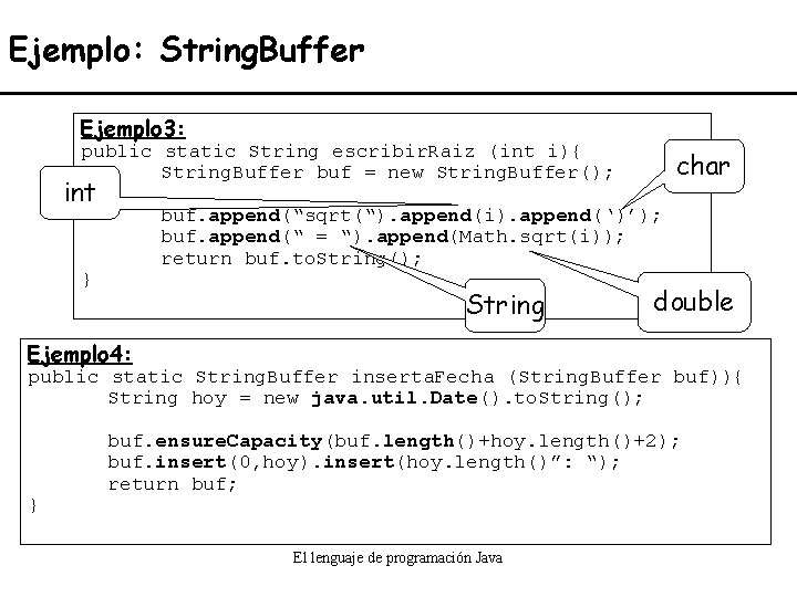 Ejemplo: String. Buffer Ejemplo 3: public static String escribir. Raiz (int i){ String. Buffer