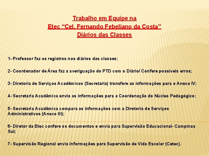 Trabalho em Equipe na Etec “Cel. Fernando Febeliano da Costa” Diários das Classes 1