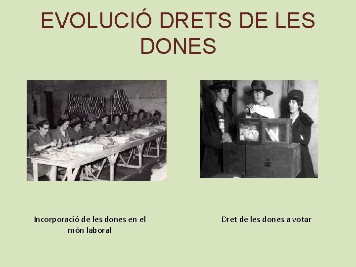 EVOLUCIÓ DRETS DE LES DONES Incorporació de les dones en el món laboral Dret