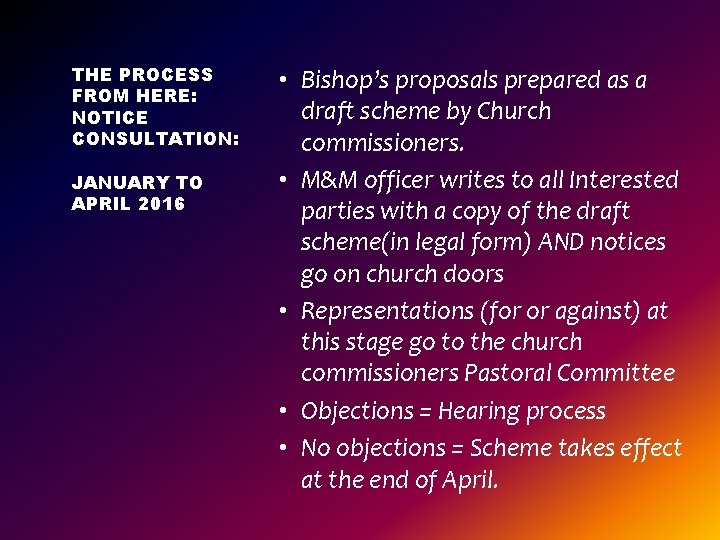 THE PROCESS FROM HERE: NOTICE CONSULTATION: JANUARY TO APRIL 2016 • Bishop’s proposals prepared