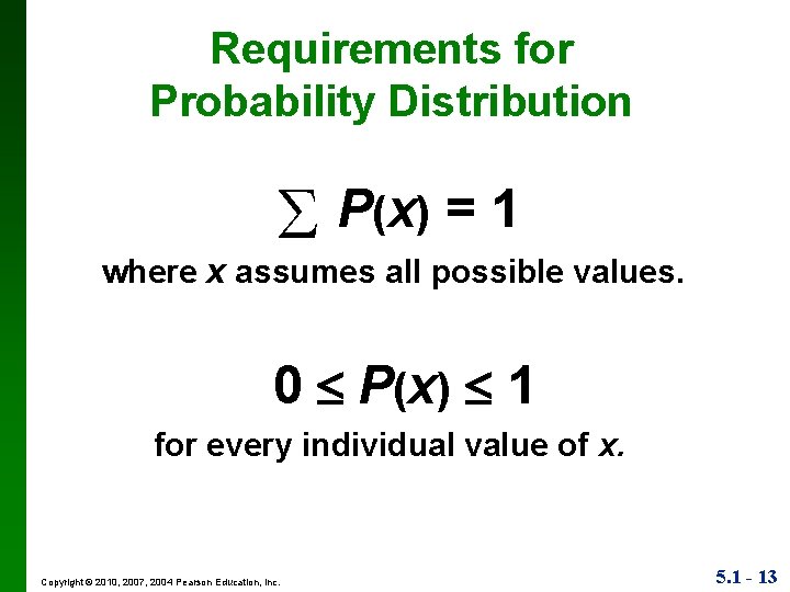 Requirements for Probability Distribution P (x ) = 1 where x assumes all possible