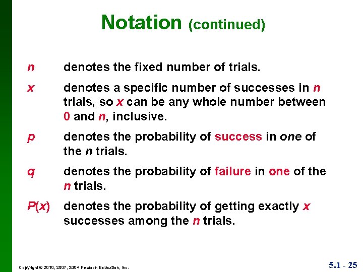 Notation (continued) n denotes the fixed number of trials. x denotes a specific number