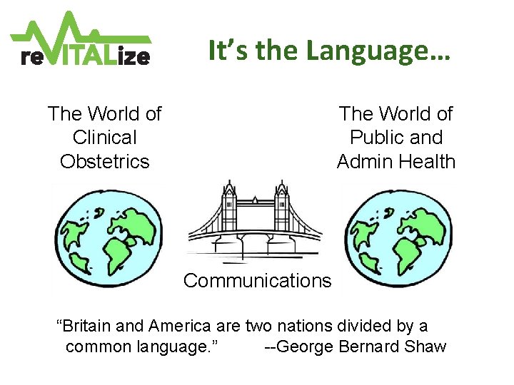 It’s the Language… The World of Clinical Obstetrics The World of Public and Admin It’s the Language… The World of Clinical Obstetrics The World of Public and Admin
