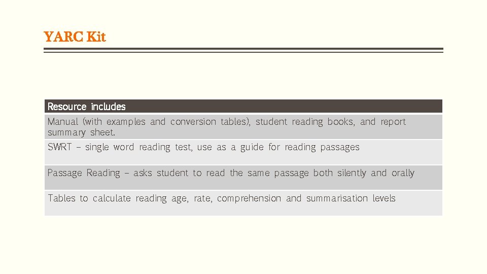 YARC Kit Resource includes Manual (with examples and conversion tables), student reading books, and