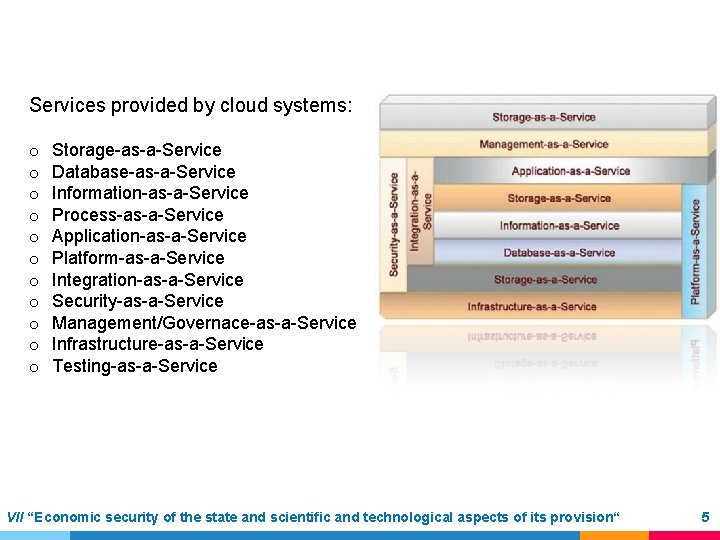 Services provided by cloud systems: o o o Storage-as-a-Service Database-as-a-Service Information-as-a-Service Process-as-a-Service Application-as-a-Service Platform-as-a-Service