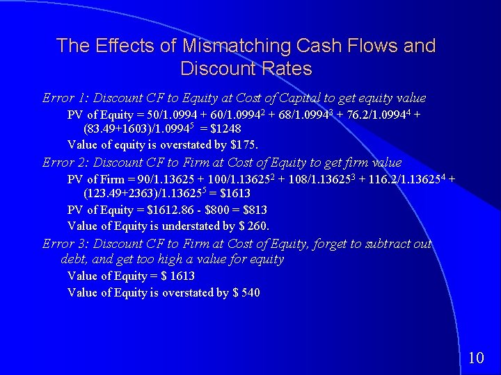 The Effects of Mismatching Cash Flows and Discount Rates Error 1: Discount CF to
