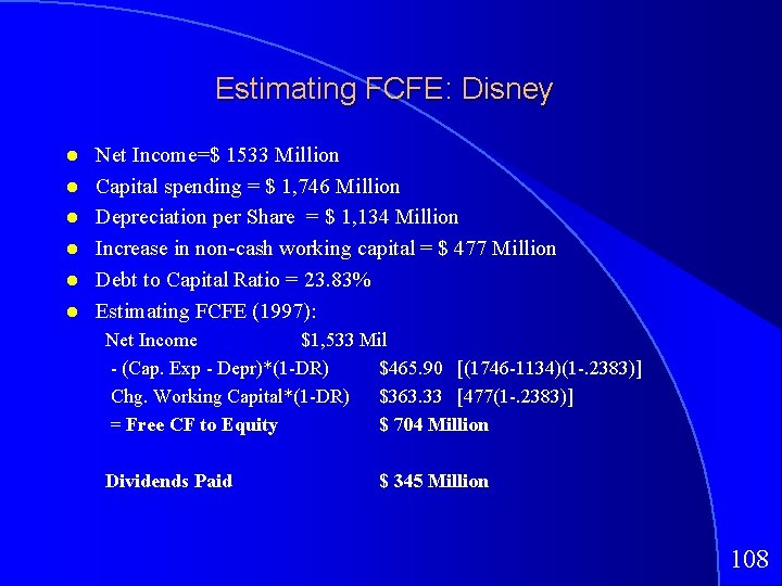 Estimating FCFE: Disney Net Income=$ 1533 Million Capital spending = $ 1, 746 Million