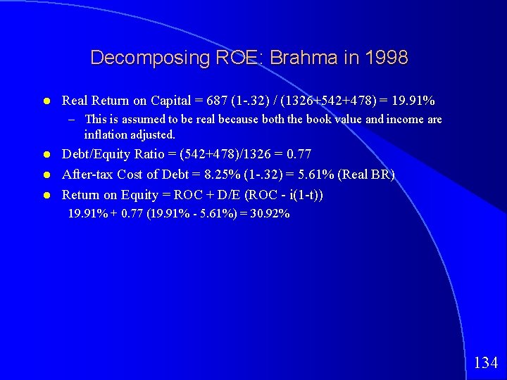 Decomposing ROE: Brahma in 1998 Real Return on Capital = 687 (1 -. 32)