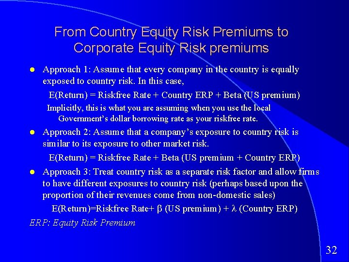 From Country Equity Risk Premiums to Corporate Equity Risk premiums Approach 1: Assume that
