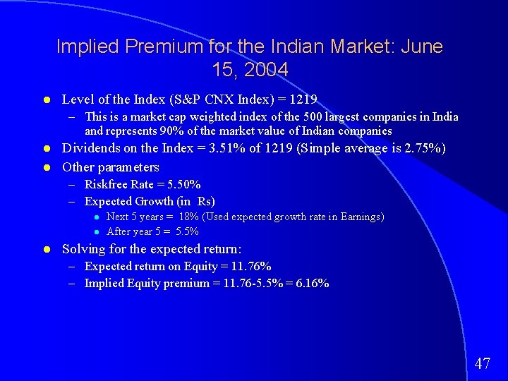 Implied Premium for the Indian Market: June 15, 2004 Level of the Index (S&P