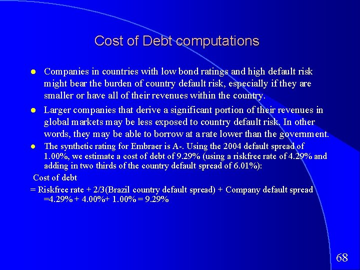 Cost of Debt computations Companies in countries with low bond ratings and high default
