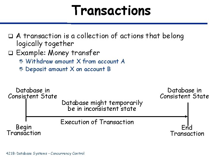 Transactions A transaction is a collection of actions that belong logically together q Example:
