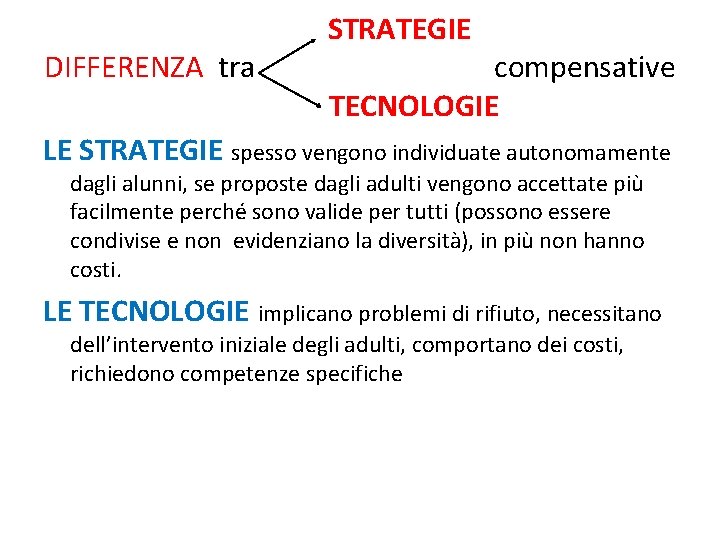  STRATEGIE DIFFERENZA tra compensative TECNOLOGIE LE STRATEGIE spesso vengono individuate autonomamente dagli alunni,