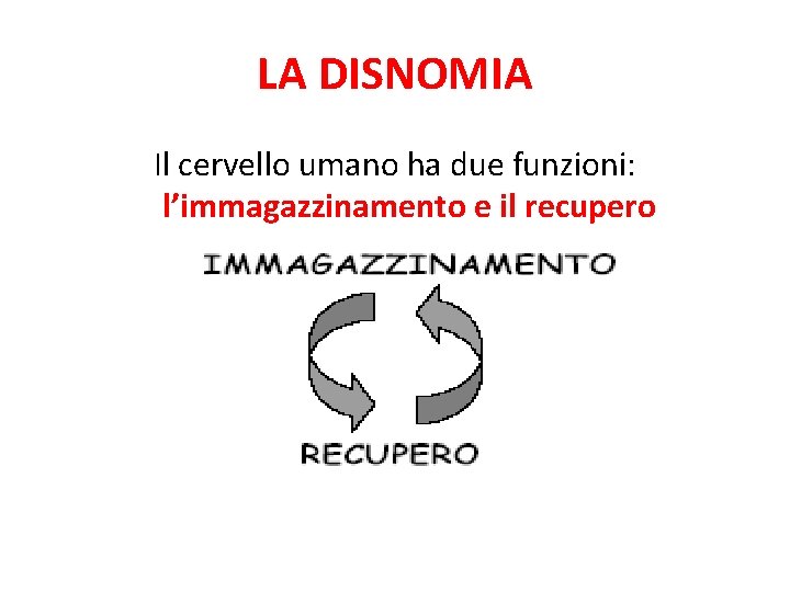 LA DISNOMIA Il cervello umano ha due funzioni: l’immagazzinamento e il recupero 