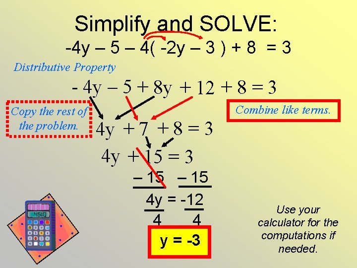 Simplify and SOLVE: -4 y – 5 – 4( -2 y – 3 )