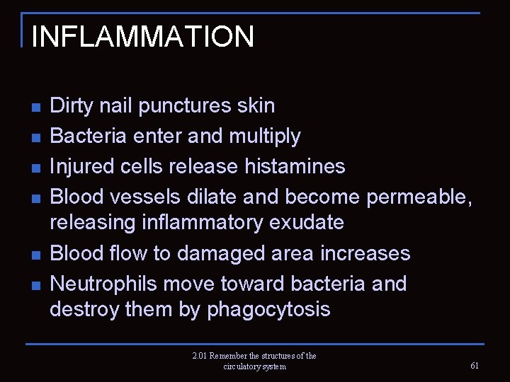 INFLAMMATION n n n Dirty nail punctures skin Bacteria enter and multiply Injured cells