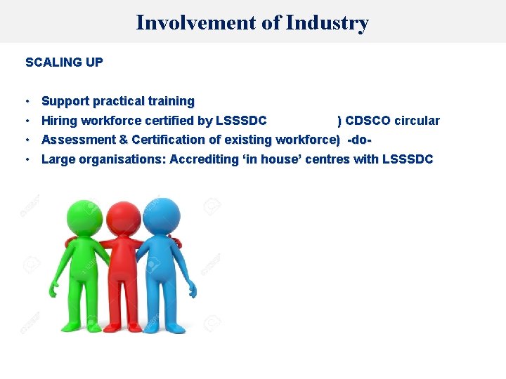 Involvement of Industry SCALING UP • • Support practical training Hiring workforce certified by