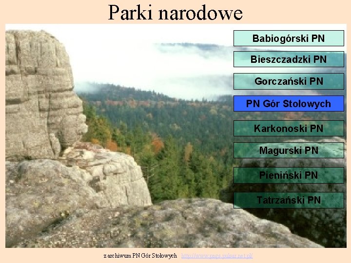 Parki narodowe Babiogórski PN Bieszczadzki PN Gorczański PN Parki górskie PN Gór Stołowych Karkonoski