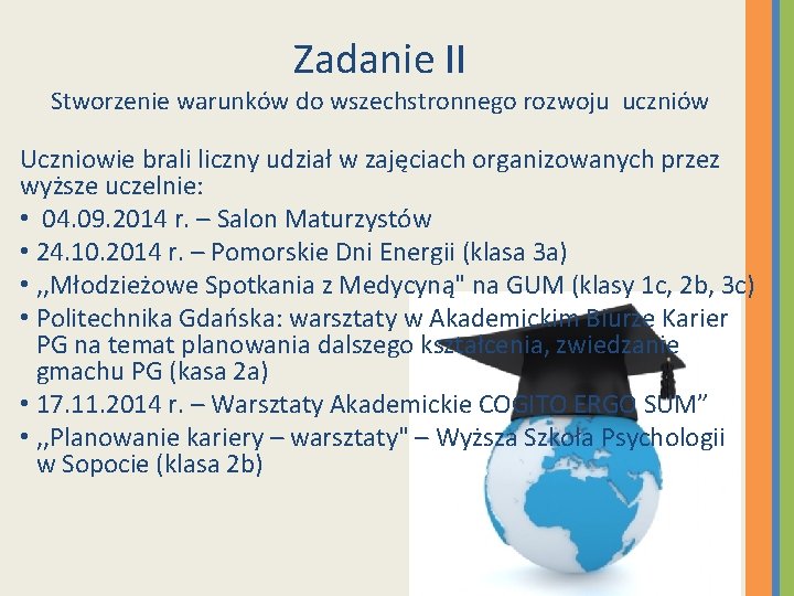 Zadanie II Stworzenie warunków do wszechstronnego rozwoju uczniów Uczniowie brali liczny udział w zajęciach