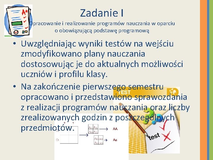 Zadanie I Opracowanie i realizowanie programów nauczania w oparciu o obowiązującą podstawę programową •