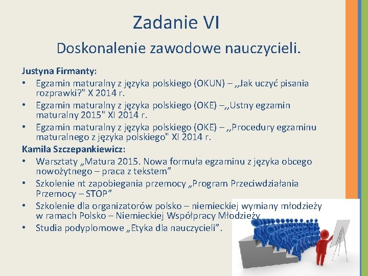 Zadanie VI Doskonalenie zawodowe nauczycieli. Justyna Firmanty: • Egzamin maturalny z języka polskiego (OKUN)