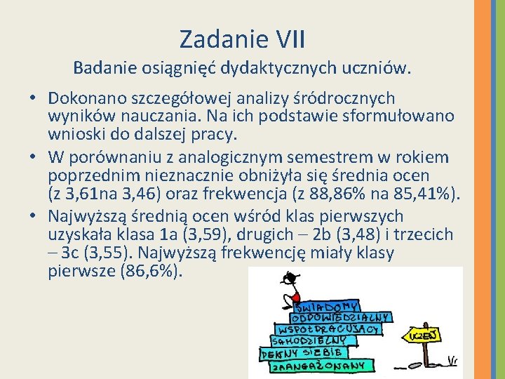 Zadanie VII Badanie osiągnięć dydaktycznych uczniów. • Dokonano szczegółowej analizy śródrocznych wyników nauczania. Na