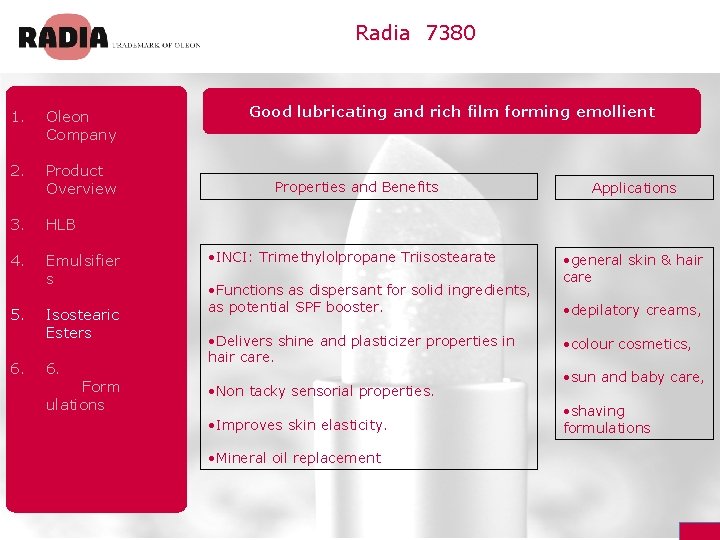 Radia 7380 1. Oleon Company 2. Product Overview 3. HLB 4. Emulsifier s 5.